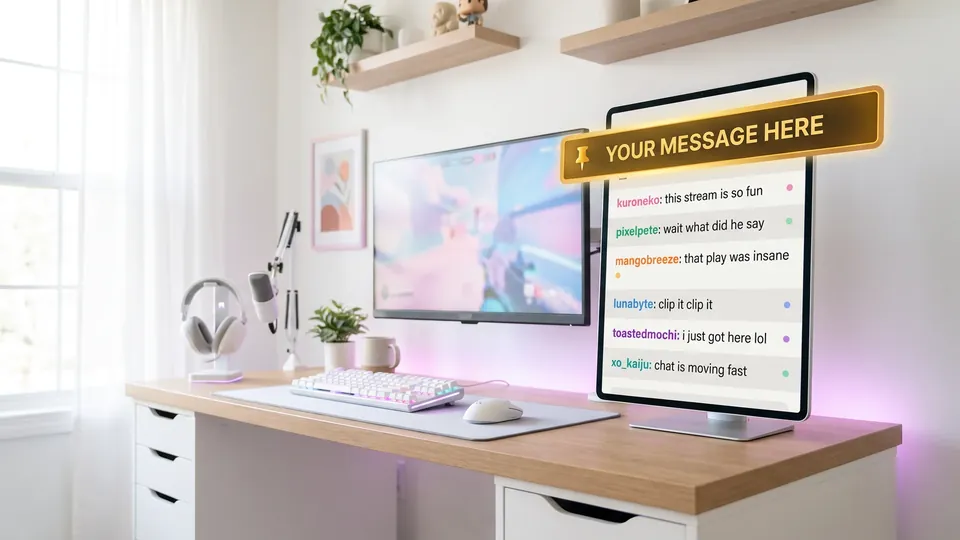 A streaming desk with the live chat on a screen and a message pinned at its top reading Your message here.