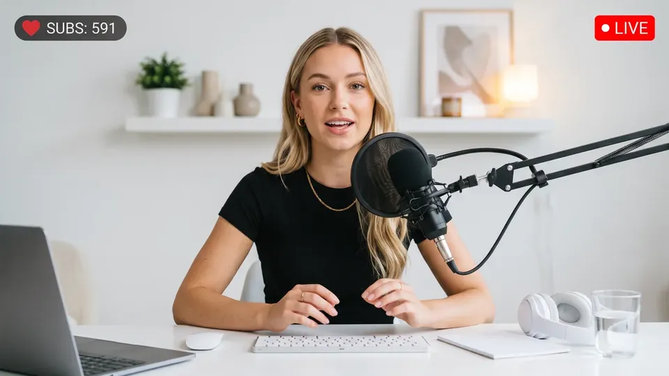 A creator at a microphone, speaking to camera on a live stream.