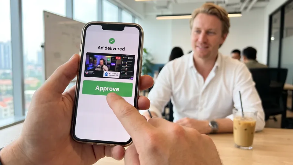 A phone showing Ad delivered over a replay of the stream, a thumb about to press Approve.