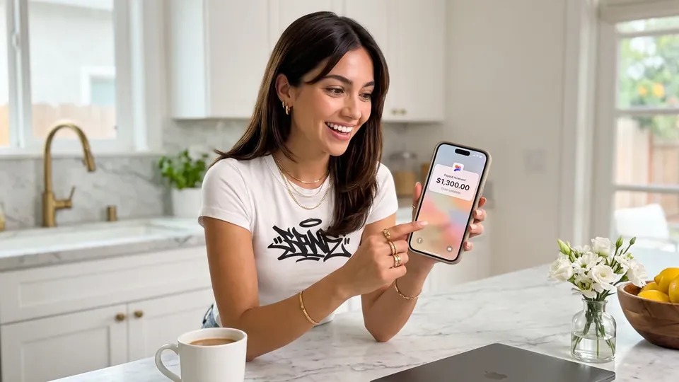 A creator in her kitchen smiling at a payout notification on her phone.
