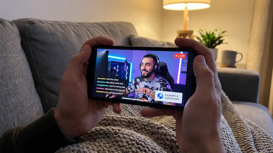 A viewer on a sofa watching a live stream on a phone, a sponsor's banner in the corner of the stream.